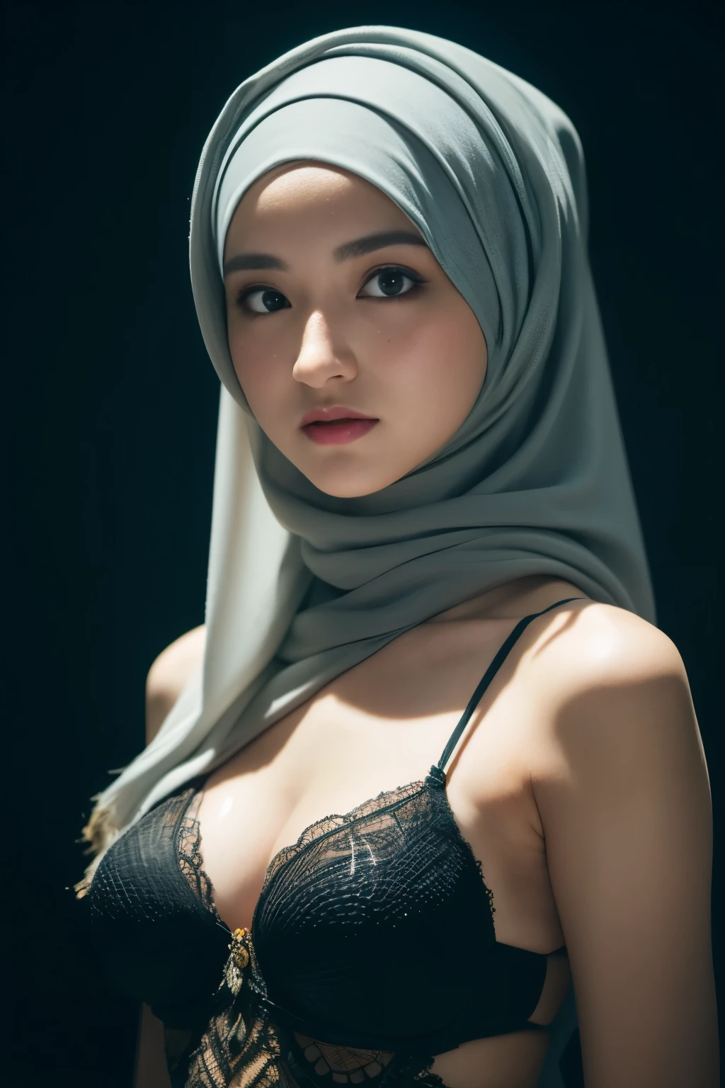 colorful bellydancer, cyberpunk, javanese, (((hijabi))), cleavage, reflection light, chiaroscuro, depth of field, cinematic lighting, ray tracing, Sony FE GM, UHD, super detail, masterpiece, textured skin, high details, best quality, award winning,3D,hdr(HighDynamicRange),Ray tracing,NVIDIA RTX,Hyper-Resolution,Unreal 5,Subsurface scattering、PBR Texture、post-proces、Anisotropy Filtering、depth of fields、maximum definition and sharpness、Many-Layer Textures、Albedo e mapas Speculares、Surface coloring、Accurate simulation octane rendering of light-material interactions、Two-colored light、largeaperture、Low ISO、White balance、the rule of thirds、8K raw data