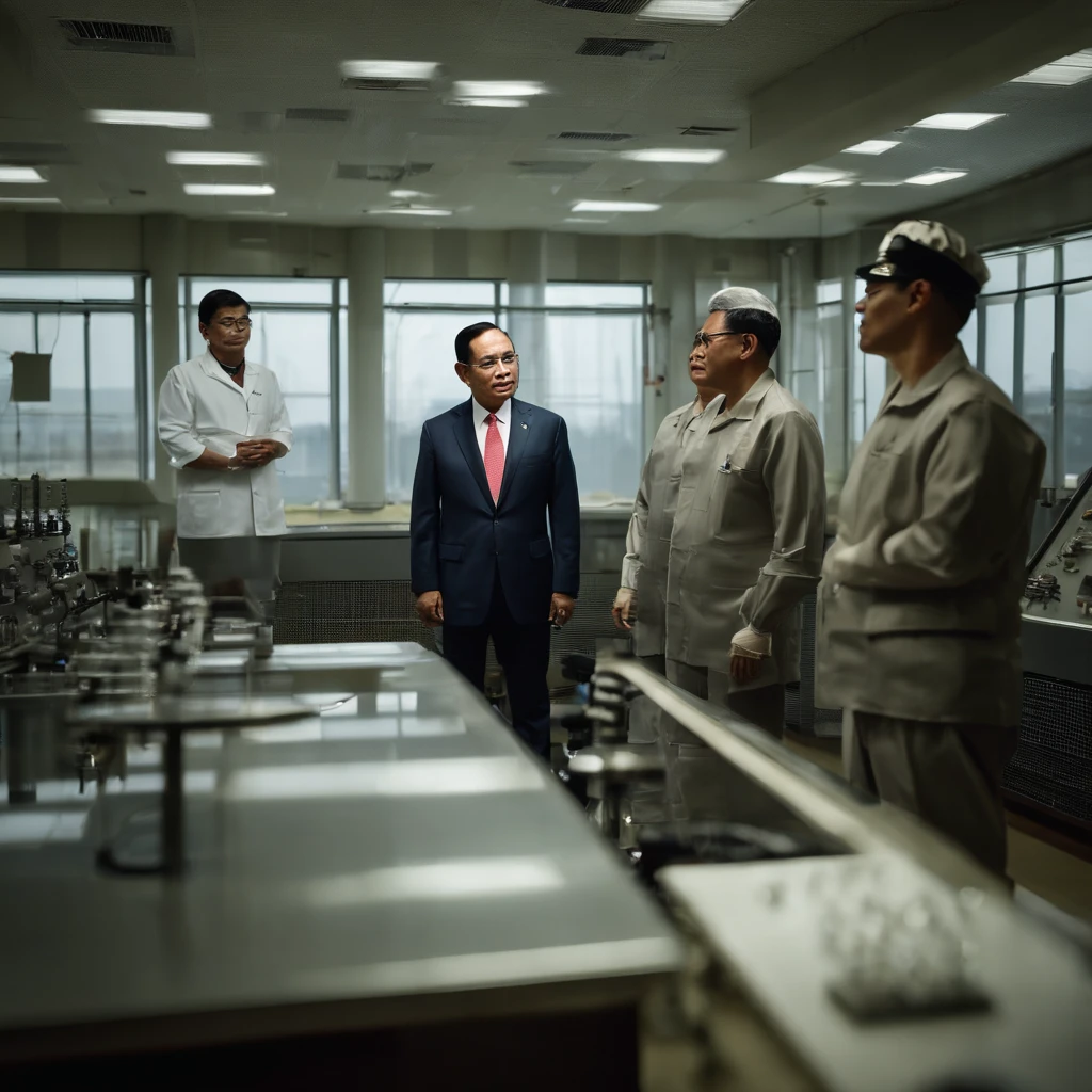 1 person,full body portrait of prime minister prayuth chan-ocha of thailand discussing with scientists and heads of secret nuclear weapons project at chulalongkorn university nuclear research and development center, which scientists are building a hydrogen bomb, 4k, 8k, masterpiece, hd, hyperrealistic, highly detailed, cinematic lighting, dramatic pose, intense expression, authoritative, serious, thoughtful, scientific equipment and facilities in background, nuclear power plant sirinthorn in background