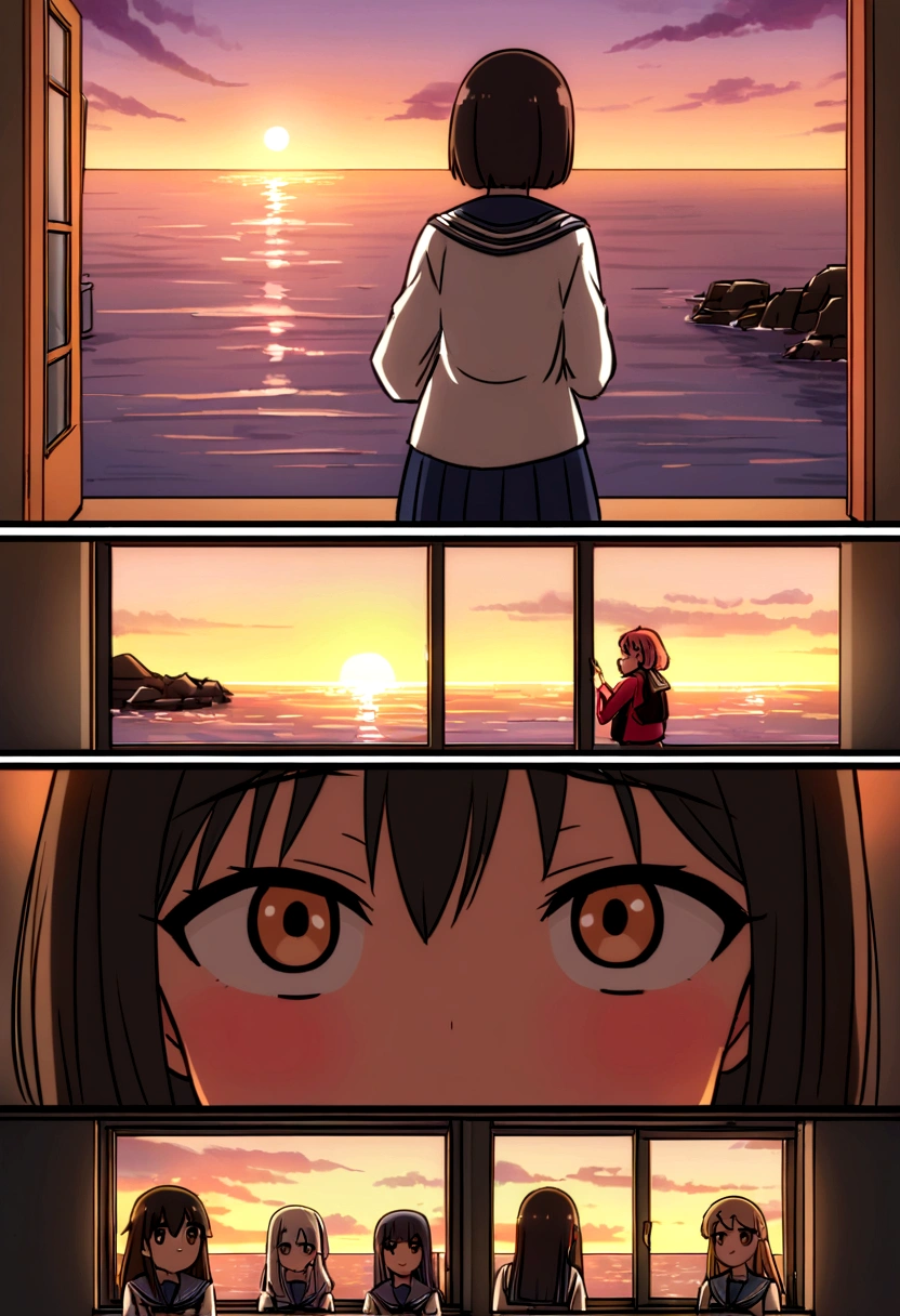 Highest quality、high resolution、Detailed Description、Detailed Background、Accurate depiction、Kantai Collection、animeスタイル、anime、Four Girls、More than one person、元気なFour Girls、Dark Skin、Sailor suit、Naval Base、Chat、chatting、Black Short Hair、Big eyes、cute、Sunset、The window overlooks the harbor and the sea.