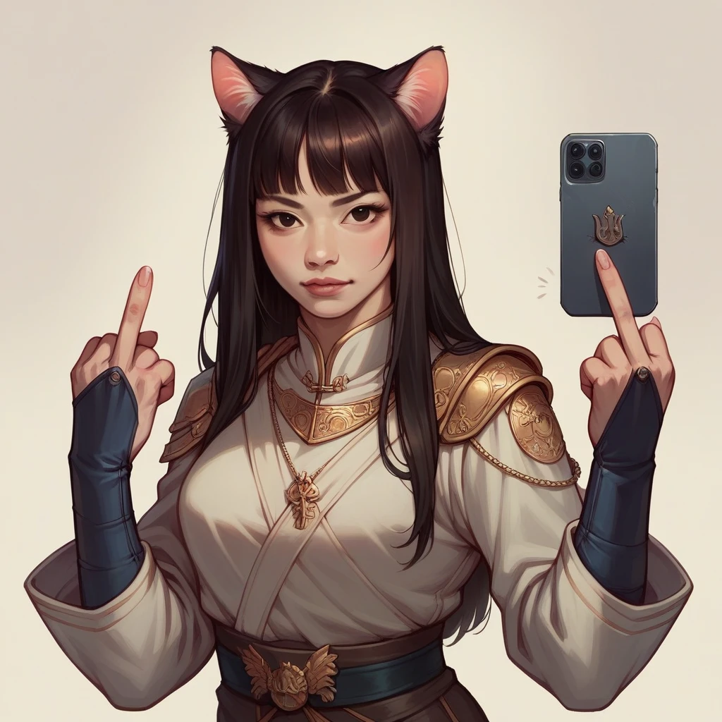 I want a selfie of a beautiful, very attractive, majestic, warrior, Asian cat with a middle finger, in high quality, realistic style.