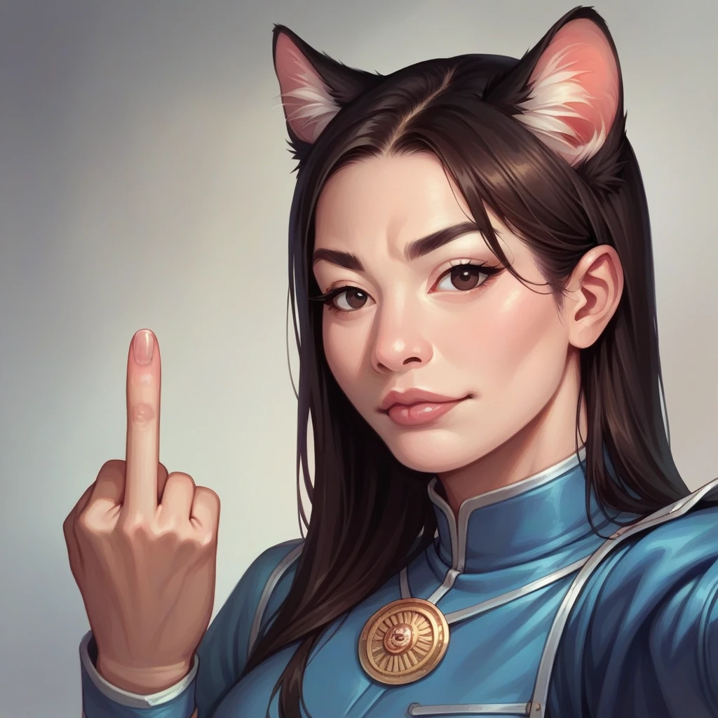 I want a selfie of a beautiful, very attractive, majestic, warrior, Asian cat with a middle finger, in high quality, realistic style.