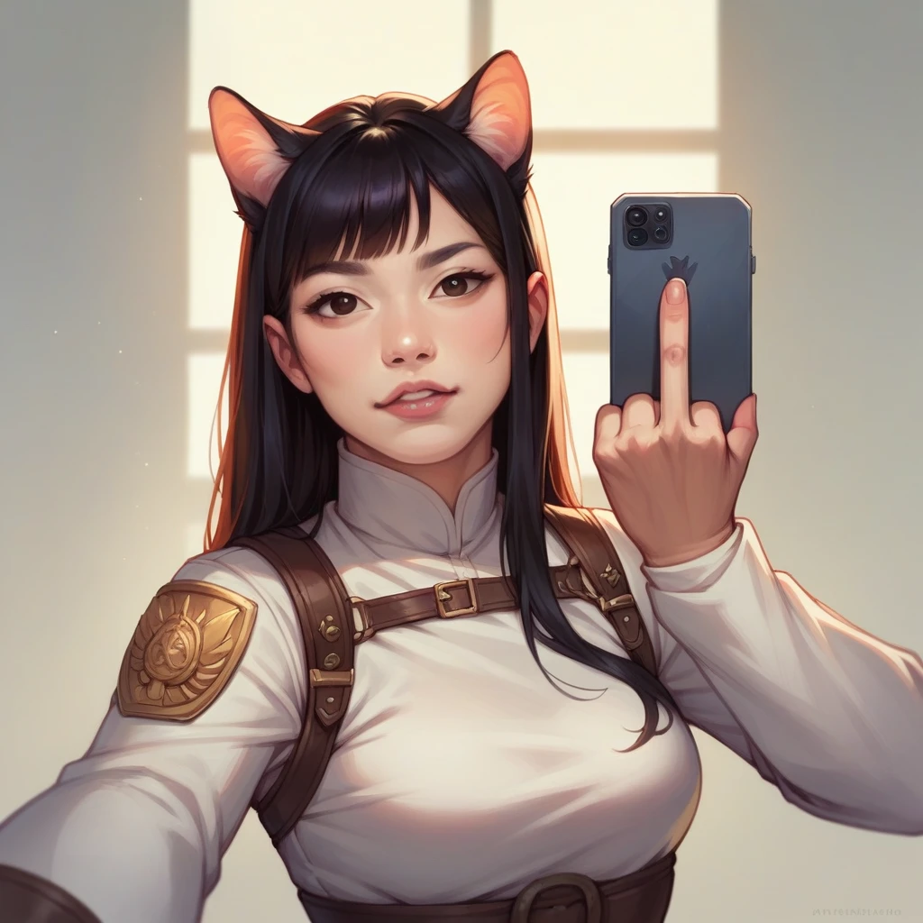 I want a selfie of a beautiful, very attractive, majestic, warrior, Asian cat with a middle finger, in high quality, realistic style.
