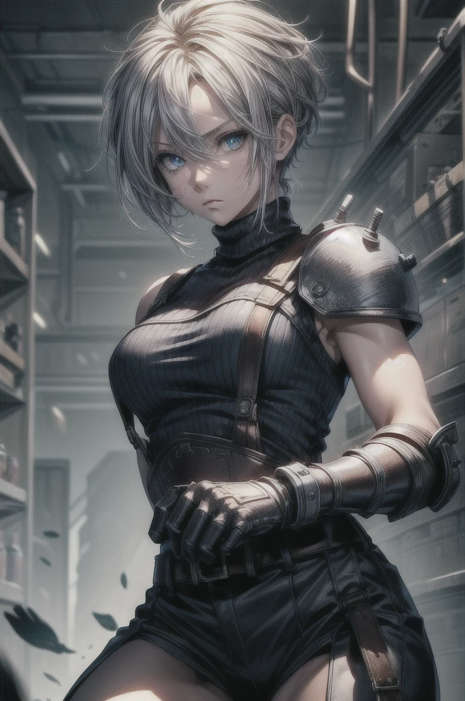 (masterpiece, best quality:1.2), expressive eyes, perfect face, highres, 1 girl, solo, (female:1.5), strife, short hair, shoulder armor, sleeveless turtleneck, suspenders, belt, gloves, bracer, standing, portrait, looking at viewer, White hair, Blue glowing eyes