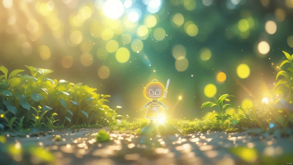 (La best quality,high resolution,Ultra Detailed,Practical),Old abandoned robot，covered in plants，The sun shines on me（ （（sunrise））），Light warm color（ （（A masterpiece full of sunshine elements）））， （（best quality））， （（Intricate details））（8k）