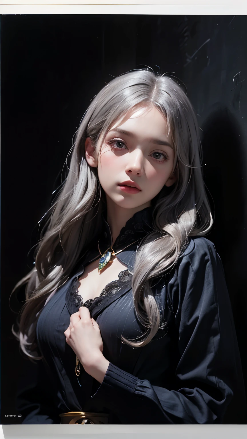 (Front Focus), (In the Dark:1.6), Hyperrealist Female Portrait by David Hockney and Alphonse Mucha, Fantasy art, Photo Real, Dynamic Lighting, Art Station, Poster, Volumetric lighting, Highly detailed face, 4k yen, Awards, One girl, In the Dark, Deep Shadow, Modest, Cowboy Shot, (Official attire:1.4), Long Hair, Gray Hair
