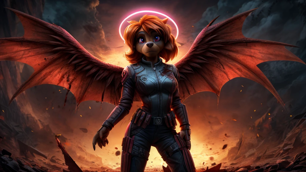 Skye from Paw Patrol, female cockapoo, anthro, adult, orange hair, magenta eyes, she is a bloody angel, bloody halo, bloody wings, standing, detailed, solo, beautiful, high quality, 4K