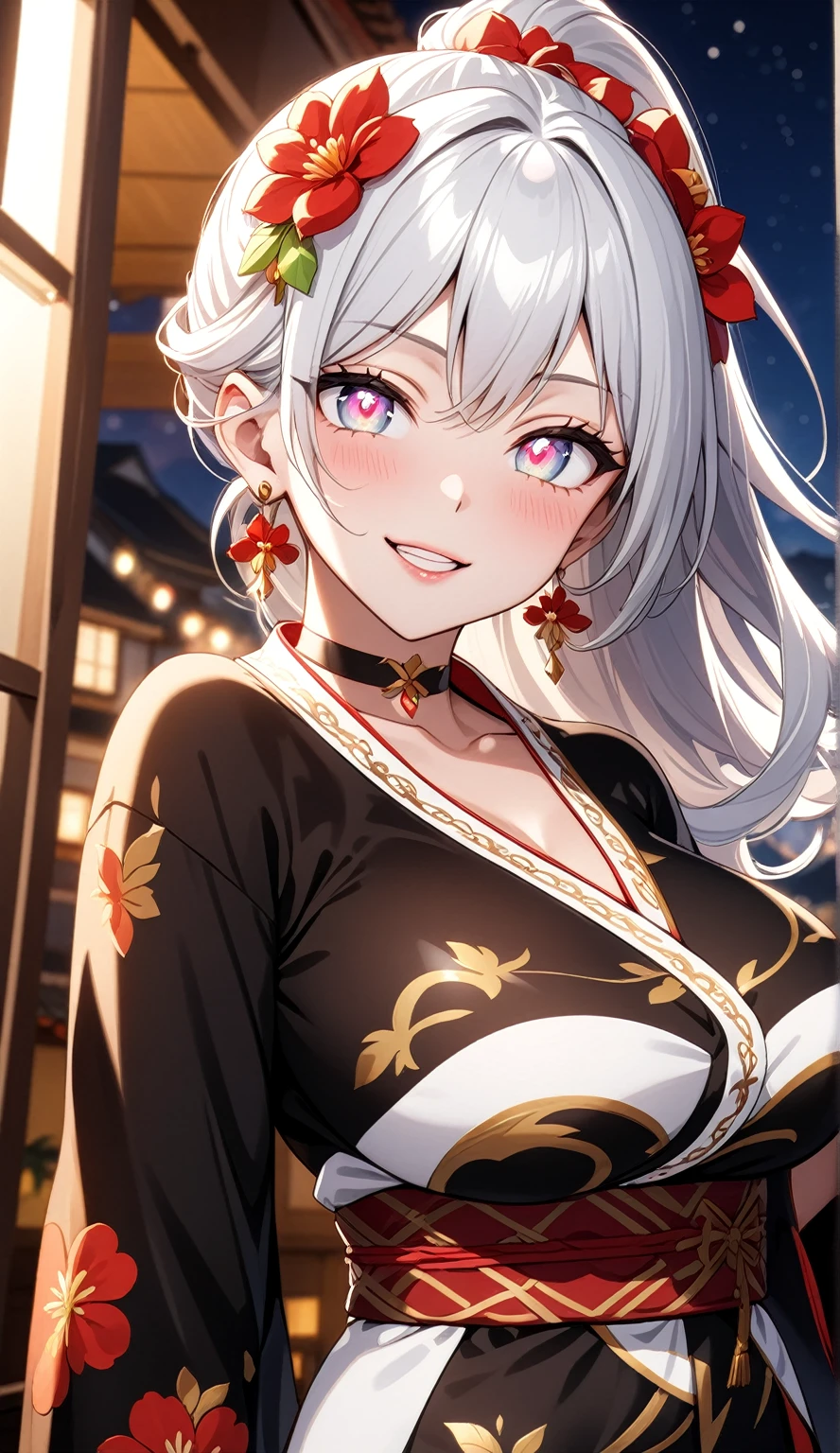 ((One personの女性)), Beautiful Face,(head tilt:1.5), ((looking outside:2.5)),Laughing embarrassedly,((Wink:2.0)),Laugh with your mouth wide open((Bright red cheeks:1.4)),Shiny red lips,night,rooftop,Festive decorations,You can see the ocean, firework,Laughing with your mouth open,Glossy pink lips,Lighting on the face,((Anime style background)),masterpiece, Highest quality, so beautiful,Latest, Complex details, (Pink long nails),(ring),(bracelet),(choker),AI-generated, Complex,High resolution, Highest quality, super high quality,3D Images、3D Images,One person,Long white hair,High Ponytail,(blue eyes),Anime woman posing for a photo, ((Fine grain、Silvery white colorful eyes、Shining Eyes:1.4)),(Squint your eyes:1.1),a hyperRealistic , hyperRealistic , Realistic,Anime woman with long and white hair, Smooth anime CG art, A woman in a colorful kimono with gold embroidery, (Black long sleeve kimono),Red floral pattern,Long flower hair ornament,Big earrings,Mature Body,(Big Breasts:1.1),Tall,Abdominal muscles,Narrow waist,(Zoom in on face:1.7),Shooting from below at an angle