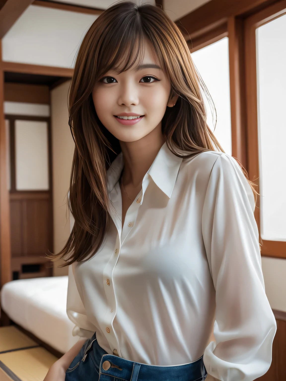 Ultra High Definition, Superior Quality, Premier Quality, ultra detailed, Photorealistic, 8k, RAW Photos, highest quality, masterpiece, Attractive woman, Stunning woman, Sexy, Brown Hair, Shoulder Length Layered, Japanese Model, Sophisticated, Stylish, Formal shirt, Shibuya, (seductive smile), 