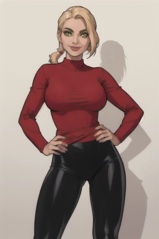 1girl, solo, sexy, 1girl, solo, 36-years-old, tan olive skin, short blonde hair, pony tail style, emerald eyes, ((Wearing a red shirt and glossy black leggings)), hands on hips, she's looking at the camera with a calm smile, (masterpiece), (best quality), (ultra-detailed), (best illustration), (best shadow), (an extremely delicate and beautiful)
