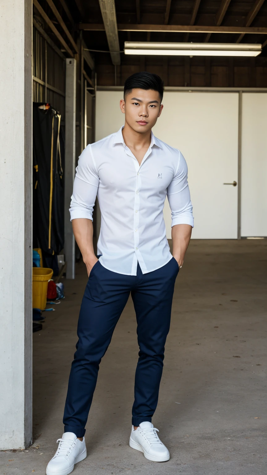 RAW, Best quality, high resolution, (masterpiece: 1.3), full body image, muscular asian young man in shirt, pants, shoes, Masterpiece, young man face, cute man face, cleanshaven, bright skin, rough skin, fierce eyes, soft smile, standing straight in a garage, masculine pose, strong expression, facing straight to camera, at noon, Great lighting, great sunlight, Bright colors, Ultra realistic clean lines, very realistic