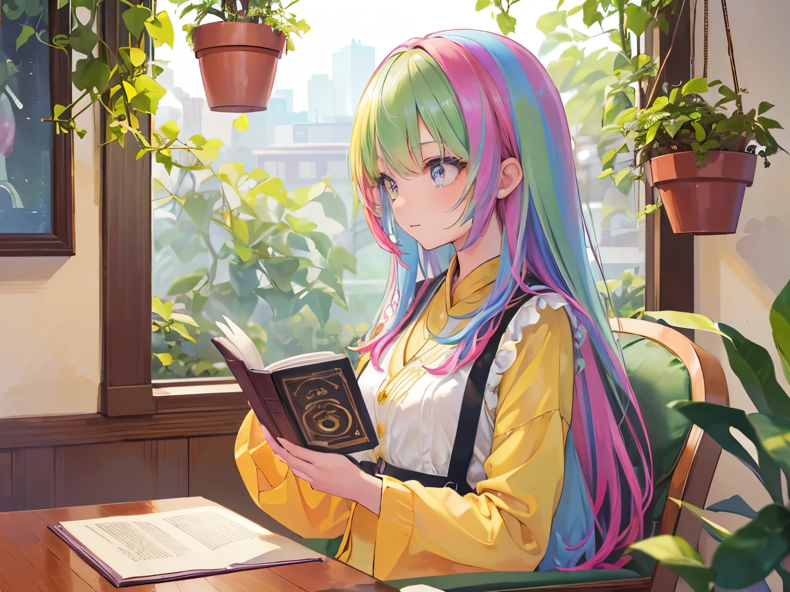 (8K, best quality, master piece: 1.2), super high resolution,1 girl,独奏,ultra-detailed face,detailed eyes,gradient eyes,((Rainbow Hair)),Straight Hair,Long Hair,Happy,The girl is sitting in a chair reading a book,BREAK,(Three pothos plants in hanging planters are hanging from the ceiling),frilled blouse,suspender skirt,From the side,Rim Light,Dracaena in a flowerpot,room