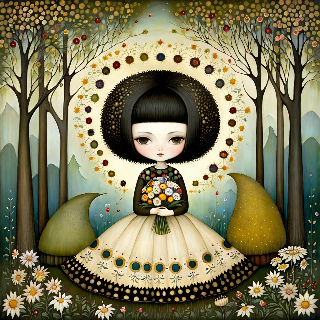 Patchwork by Klimt, Nicoletta Ceccoli, Naoto Hattori, Lawrence Didier, Leonora Carrington of European Woman with short black hair and a long wide skirt, Sitting in forest with small trees, holding flowers and berries in her hands. white dandelion and flowers of the Gazania.