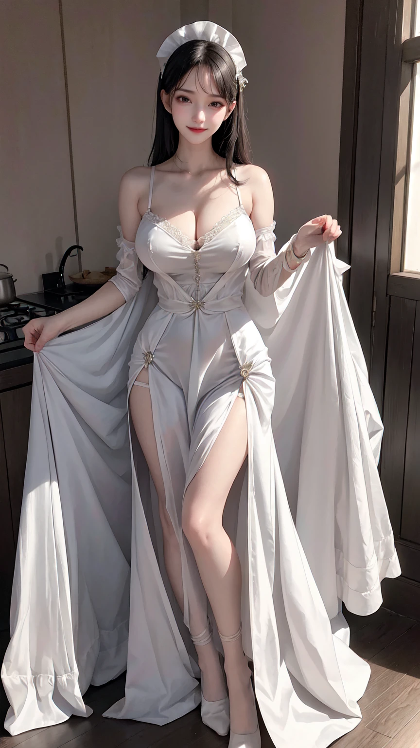 see through clothes(Full body female love:1.3),best quality, masterpiece, ultra high resolution, (lifelike:1.4), original photo, 1 female,30 years old, black hair, big eyes, Detailed eyes and face,huge breasts,split,long legs,Belted robe open ,bare shoulder,no underwear:1.5,see through clothes,Hollow material white clothes,kitchen:1.3,Smile、sleeveless costume、((Maid clothes))、((She is carrying her daughter))、Extremely revealing clothing