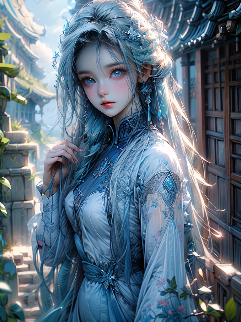 One beautiful woman、Long Field Angle、Highest quality、Super detailed、masterpiece、Transparent light blue hair、Crystal-like hair、Blue eyes that shine like jewels、Flowing hair、Sky、Standing on a steep cliff、Above the Clouds、Spectacular views、mysterious