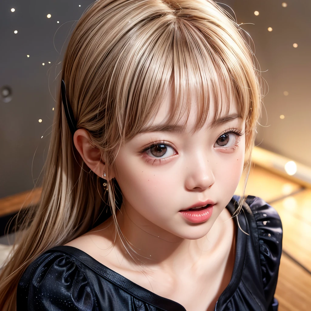 NSFW, 8k, High-level, absurd, masterpiece, best quality, primitive, very detailed CG, very detailed wallpaper, perfect lighting, Extremely detailed (((The personifying " Nami ONE PIECE " as a Little Girl))), MysticSight, Tyndall effect, Tyndall scattering, Studio gray background with (many Dazzling RainbowColor particles BokeH:1.28), (RoundlyButts, ThighGap), (Exposed:0.4), (Assfocus with looking ahead), BREAK (NOGIZAKA face variations) Extremely Detailed very KAWAII face variations, perfect anatomy, Childish, captivating gaze, elaborate detailed Eyes with (sparkling highlights:1.28), long eyelashes、Glossy RED Lips with beautiful details, Coquettish tongue, Rosy cheeks, Radiant PearlSkin with clear transparency . { (Dynamic LifeLike expressions:1.4) | :d) }, (large eyes:-1) .