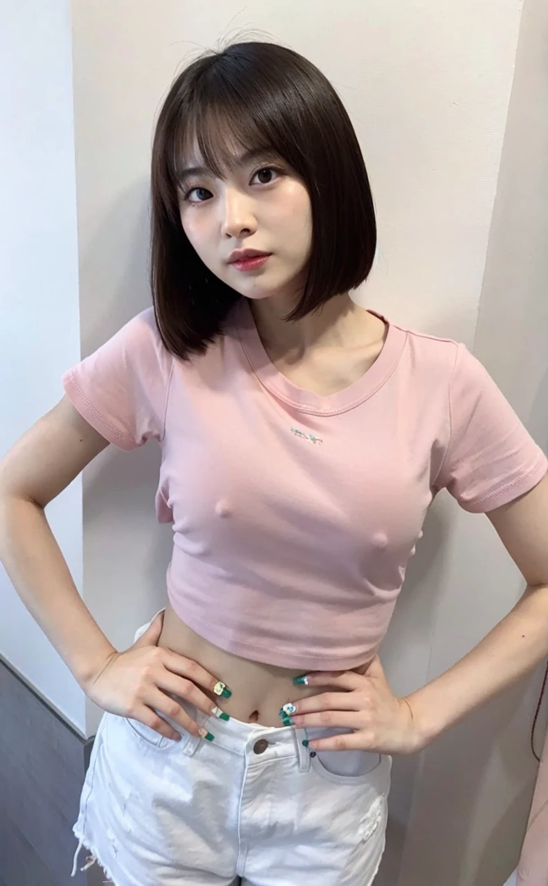 8K, high resolution, masterpiece, photorealistic,Tight T-shirt,A T-shirt that shows off your bust, Large Breasts, Big Tits, Patsy T-shirt, Pink small t-shirt, Accentuates the bust line clearly､ Accentuate your breasts, Very swollen breasts, K-Cup, Tシャツから胸の形が分かるほどにLarge Breasts、Two nipples、Only two nipples