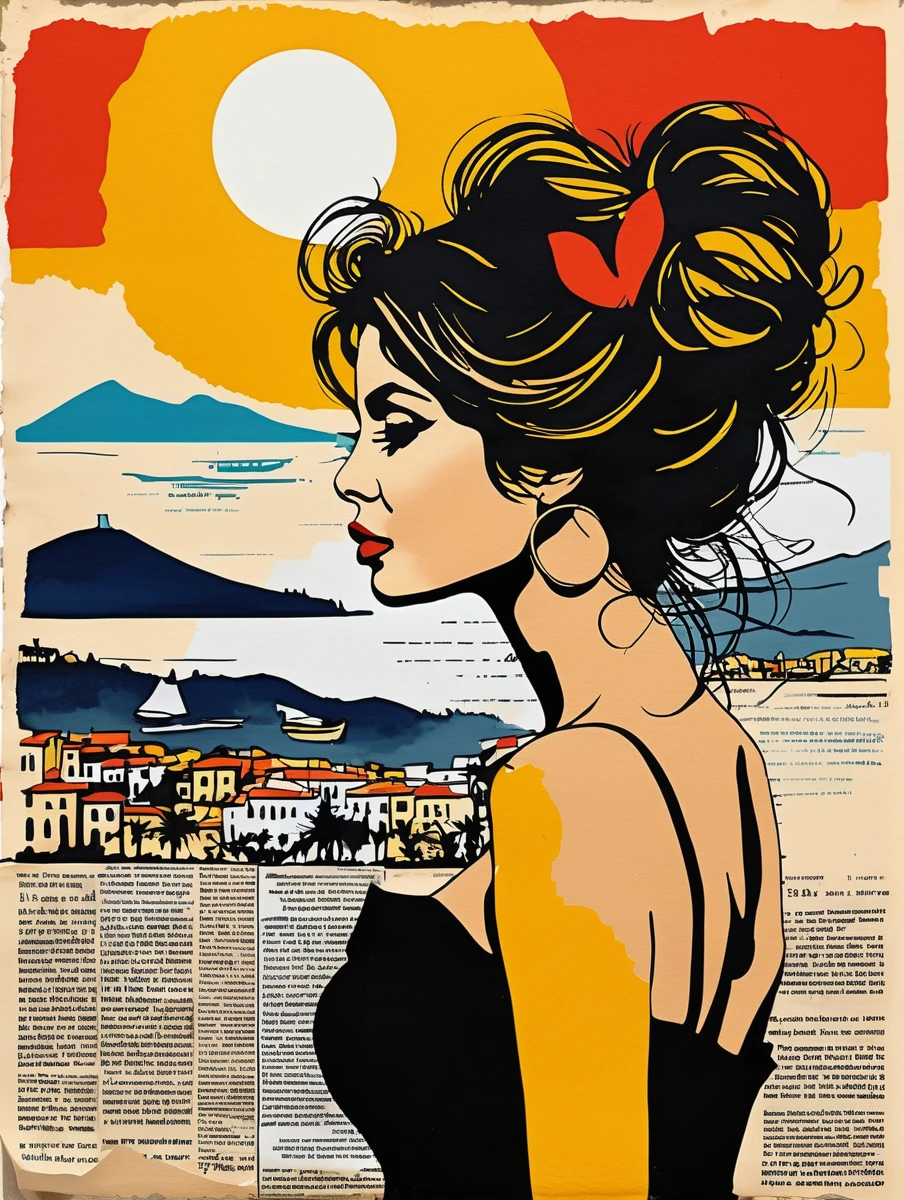 (ink on newspaper in the style of Loui Jover:1.5), NAPLES LANDSCAPE, VESUVIO, SEA, sofia loren, Envision an art movement inner thoughts and emotions as vibrant, shifting patterns of color and light
