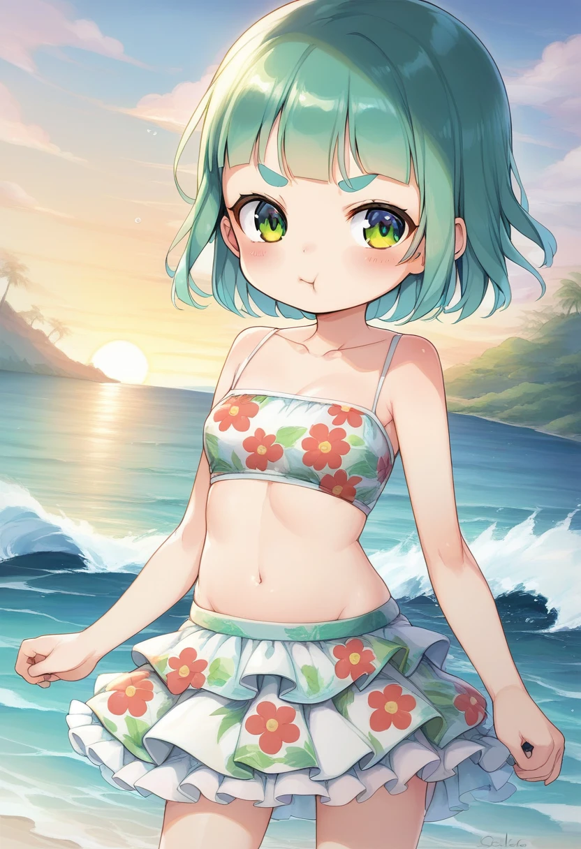 score_9,score_8_up,score_7_up, source_cartoon, source_furry, rabbit girl, rabbit tail, Green hair, short hair, long side hair, furry, blush, looking at viewer, smile, 1girl, rabbit ears, furry female, Pink skin, pink fur, light beige fur, two-tone body, two-tone fur, ((hairband, bright green strapless fringed bandeau bikini)), beach, clear sky, blush, looking at viewer, standing, red eyes, solo, anthro, small breasts, cheek tuft, eyelashes, eyelids, facial tuft, navel, hands on hips, uperbody,