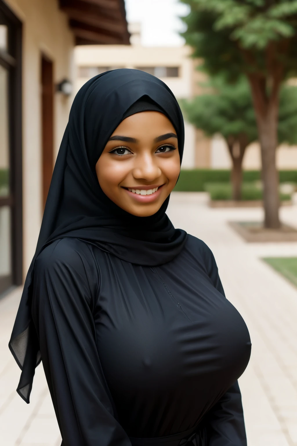 (Cute glamour model), gorgeous teenony skinned arab, head and shoulders focus, youthful, young, teen, teer, (lng at the camera), outdoor lighting, huge breasts, hijab, thin, skinny, dainty, delicate, no bra, black abaya dress