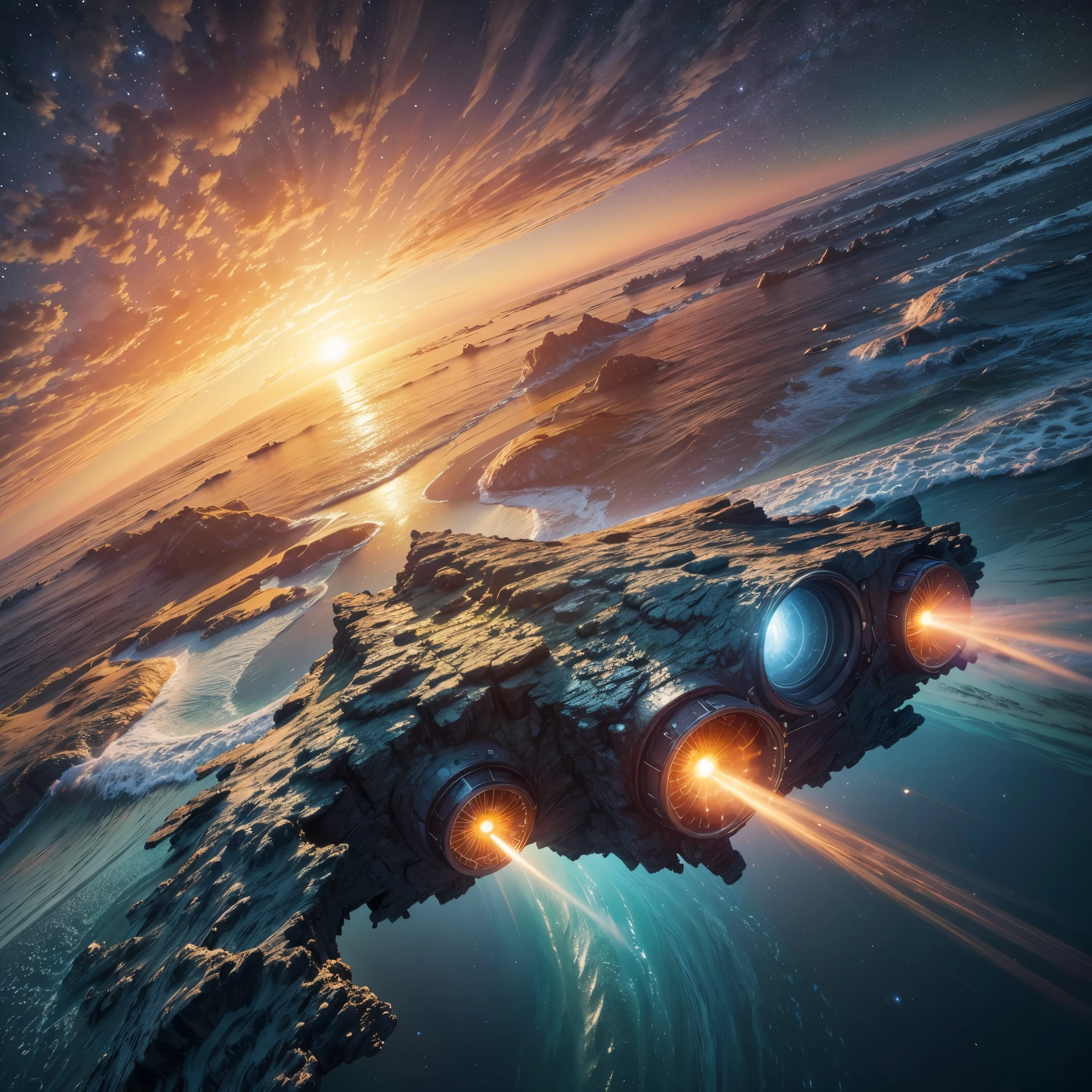 wide-angle panoramic image of a spacecraft landing on the ocean coast of a distant planet, detailed kinematics, swirly vibrant colors, exotic plants