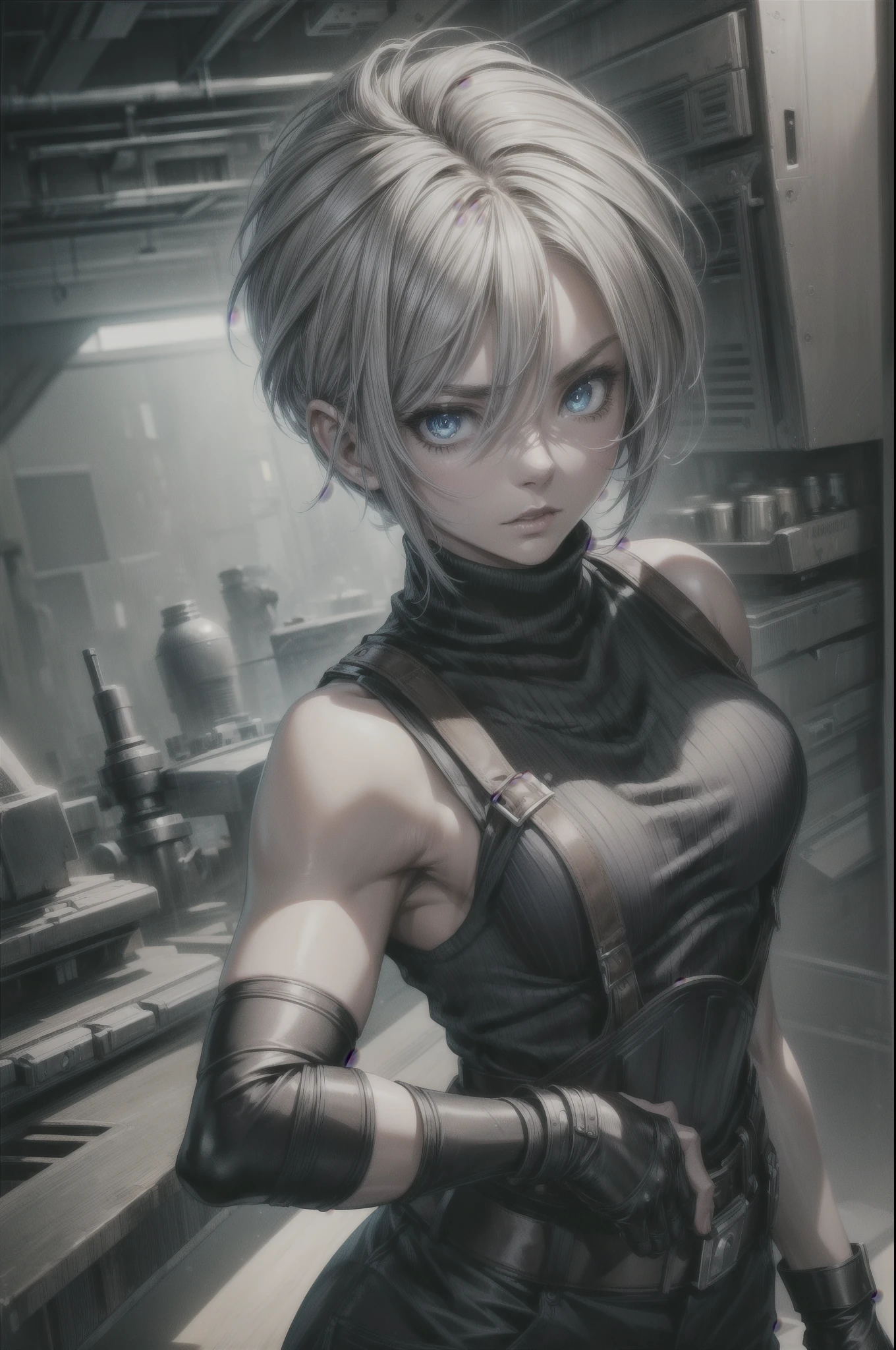 (masterpiece, best quality:1.2), expressive eyes, perfect face, highres, 1 girl, solo, (female:1.5), strife, short hair, shoulder armor, sleeveless turtleneck, suspenders, belt, gloves, bracer, standing, portrait, looking at viewer, White hair, Blue glowing eyes 