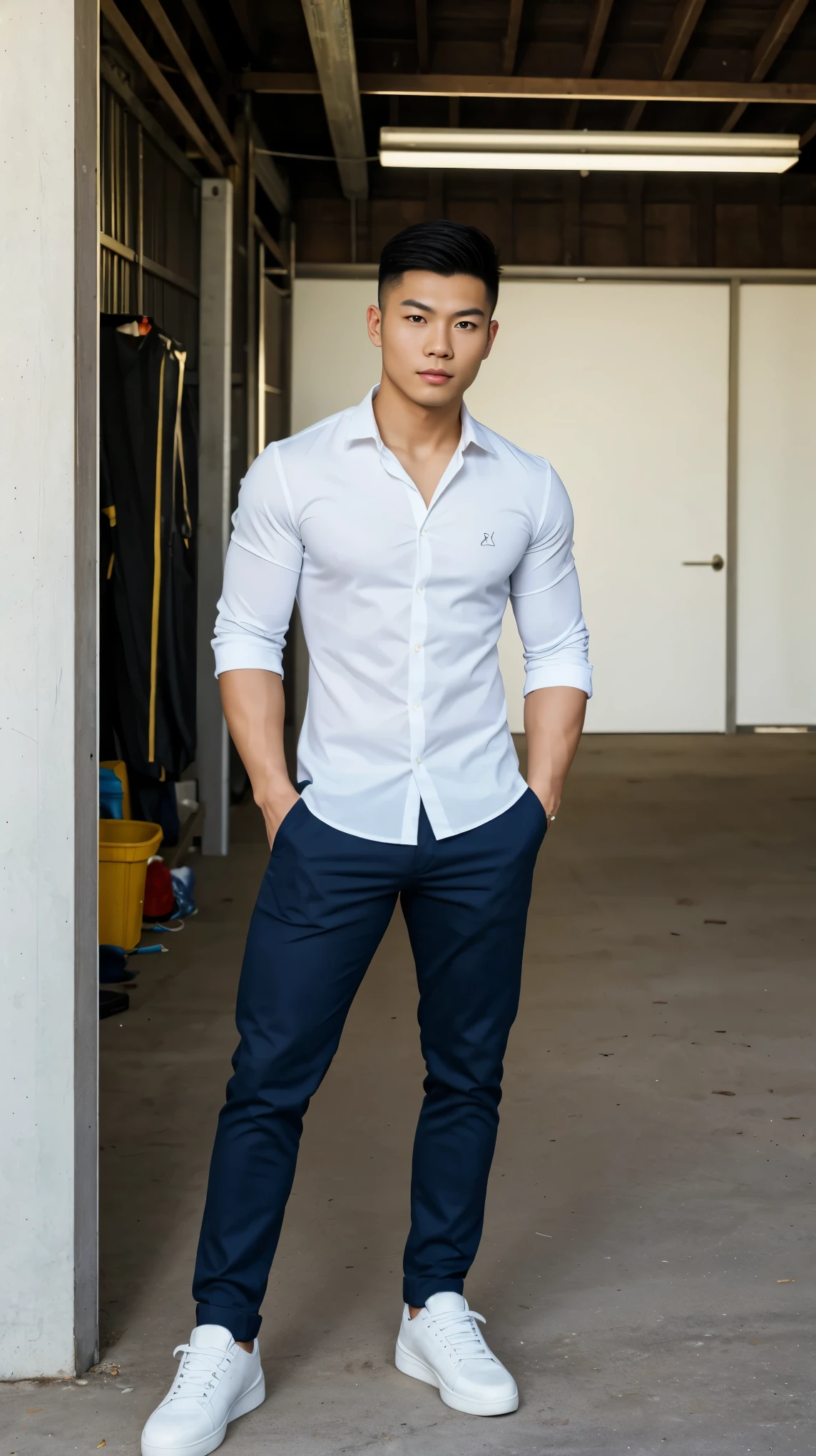RAW, Best quality, high resolution, (masterpiece: 1.3), full body image, muscular asian young man in shirt, pants, shoes, Masterpiece, young man face, cute man face, cleanshaven, bright skin, rough skin, fierce eyes, soft smile, standing straight in a garage, masculine pose, strong expression, facing straight to camera, at noon, Great lighting, great sunlight, Bright colors, Ultra realistic clean lines, very realistic