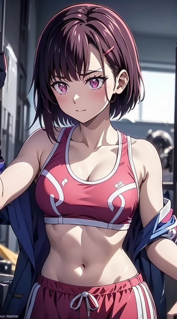 (masterpiece, best quality), intricate details, shizukazom100, 1girl, dark purple hair, short hair, bangs, purple eyes, hair ornament, hairclip, medium breasts, tank top, navel, cleavage, midriff, collarbone, shorts, pink shorts, dynamic pose, cowboy shot, looking at viewer, indoors, bottom less, sex, 1 boy, armpits, vaginal