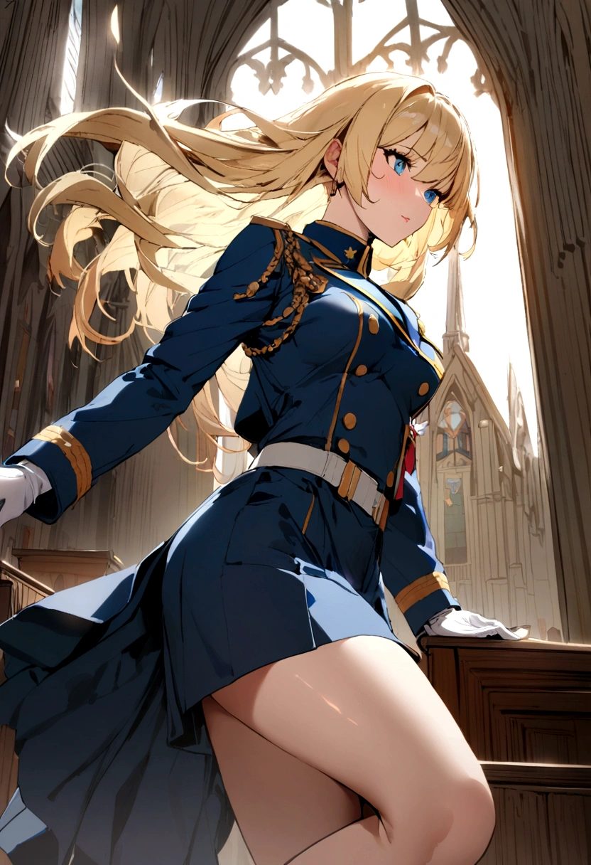 1girl, blue military uniform, blond hair, church background