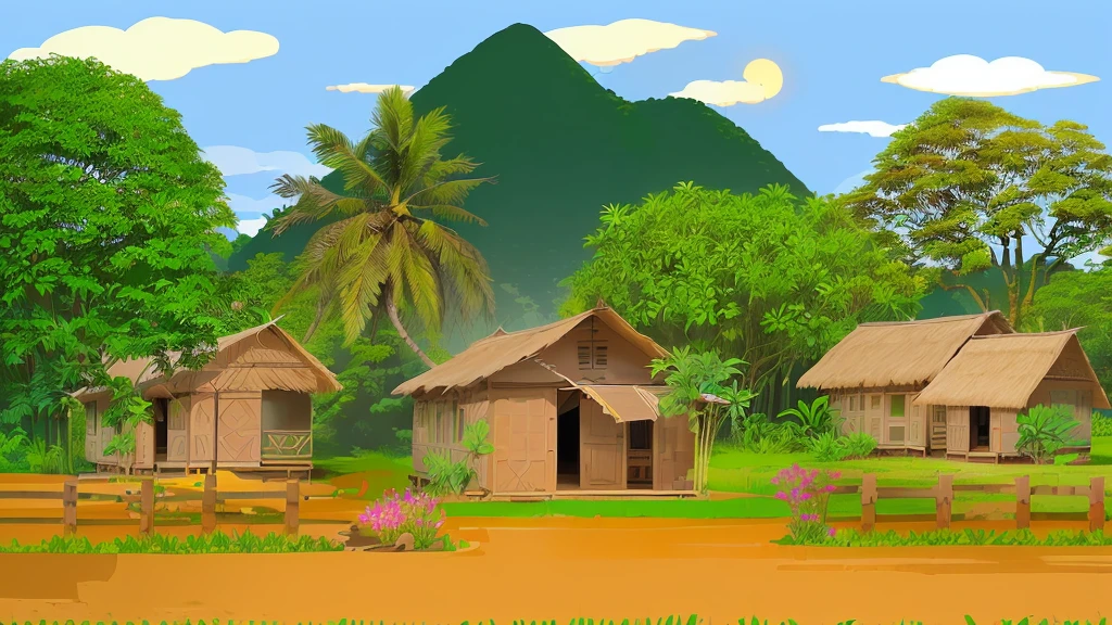 there are three small wooden houses in the middle of a field, tribe huts in the jungle, assam tea village background, tropical location, the jungle at the background, bamboo huts, kerala village, outdoors tropical cityscape, hut, stylized digital illustration, mobile game background, village house, huts, detailed digital illustration, farm background, background artwork, tropical landscape