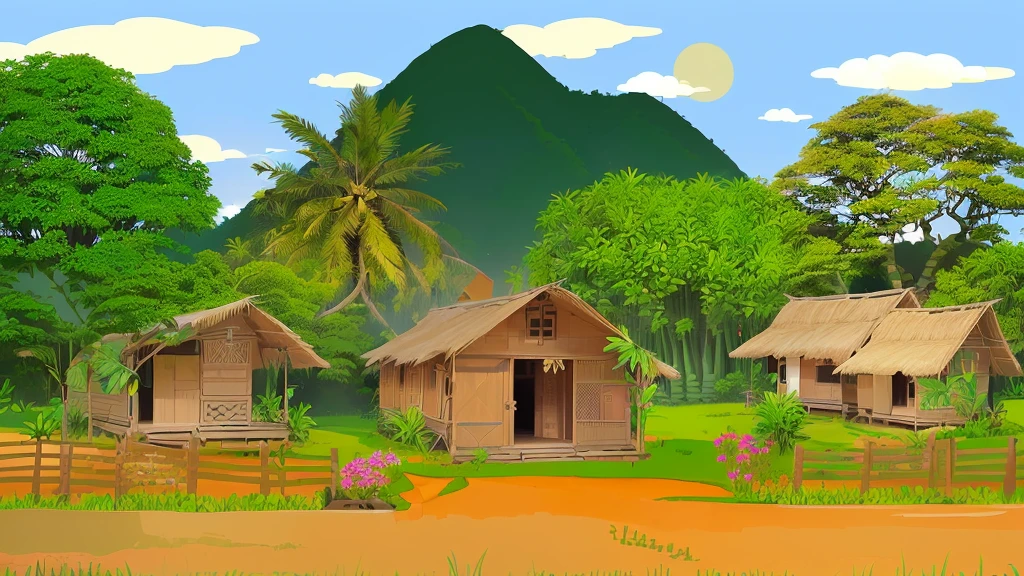 there are three small wooden houses in the middle of a field, tribe huts in the jungle, assam tea village background, tropical location, the jungle at the background, bamboo huts, kerala village, outdoors tropical cityscape, hut, stylized digital illustration, mobile game background, village house, huts, detailed digital illustration, farm background, background artwork, tropical landscape