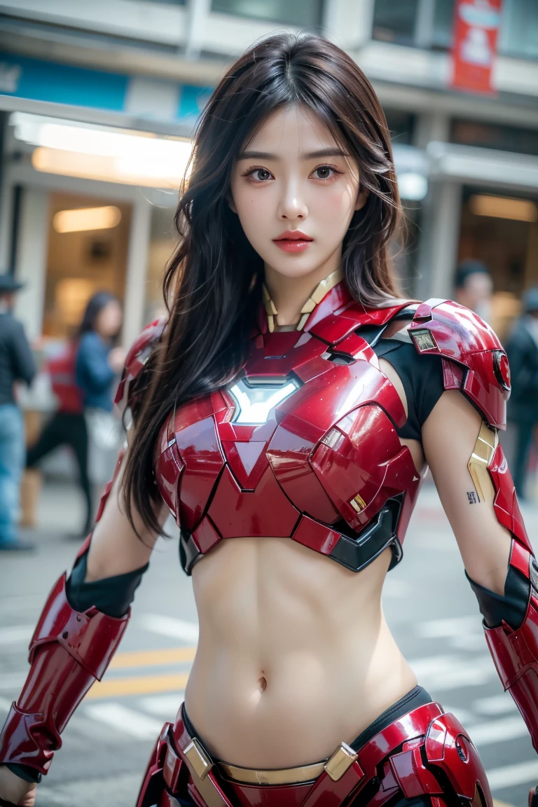 A girl wearing red Iron Man armor,Exposing sexy belly,((cowboy shot)),Looking at the camera,Detailed facial features, beautiful eyes, Lips, and long eyelashes, Reality, 8K, Very detailed, Studio Lighting, Dramatic Lighting, Vibrant colors, work, City Streets,The abdomen is open,Showing belly,Sexy abdominal muscles