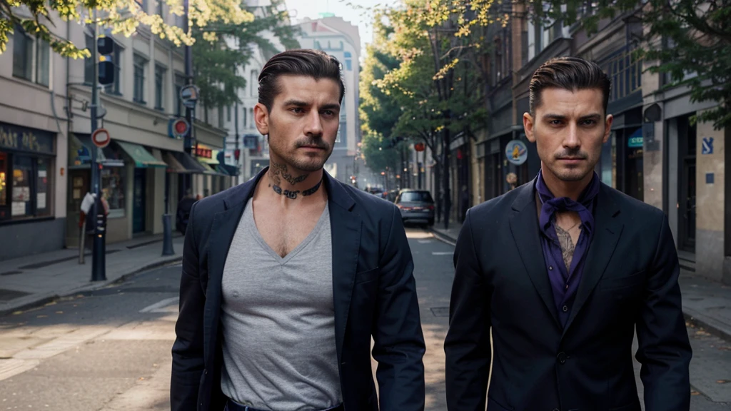 Ultra-realistic, cinemartic, man, 32 years old, dark brown hair, side parted hairstyle with shaved sides, thin mustache, tattoo on right arm and neck, wears navy blue blazer, dark grey stripted collarless shirt, dark purple neckerchief, walks on street of Moscow, summer, sunny day
