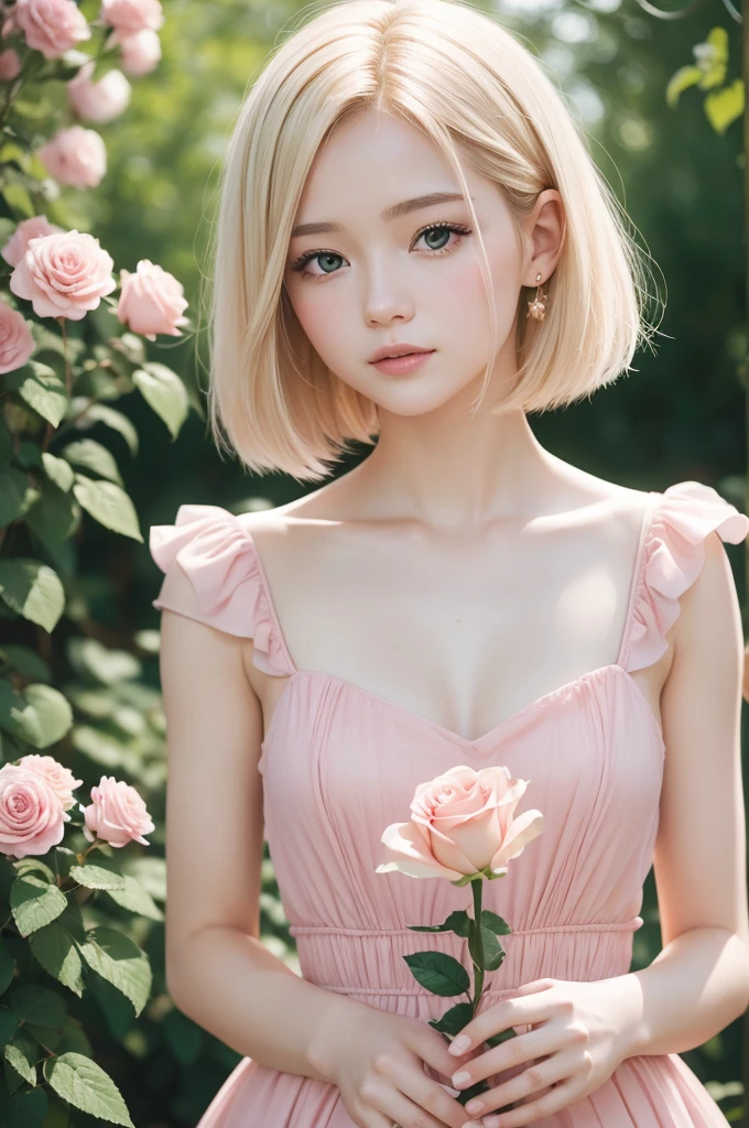 8K, CRU photo, Fujifilm, style photo of a beautiful young woman like Avril in a light pink rose garden (highly detailed skin: 1.2) Style-Petal BREAK short hair, blonde hair with colored highlights, wearing a dress, film grain, 35mm, cute style