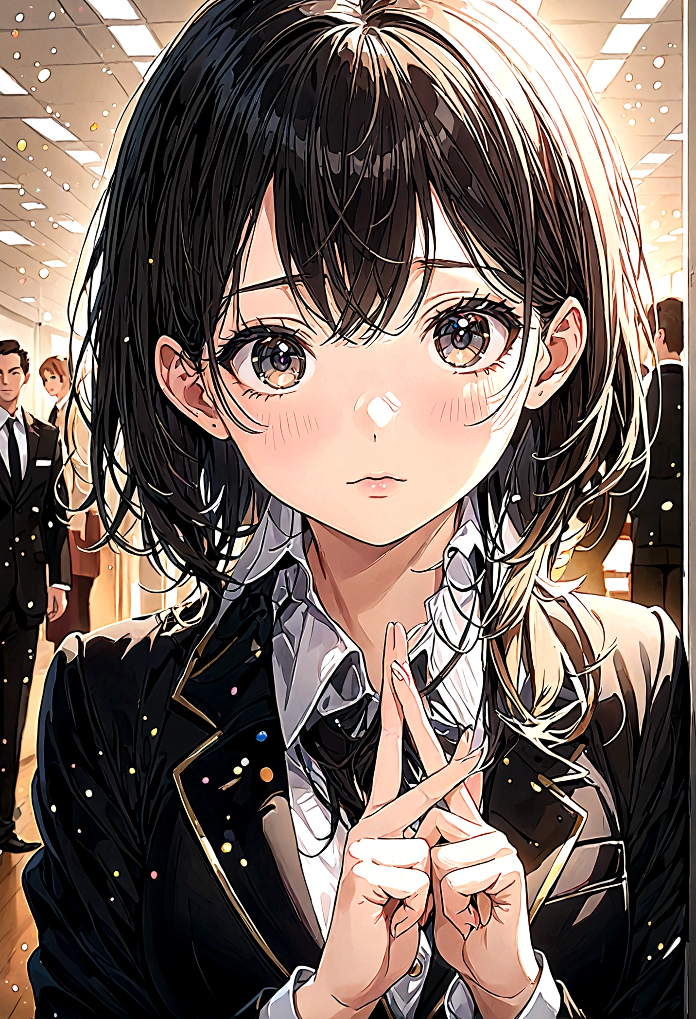 Top Quality, Masterpiece, 1 Girl, Beautiful Face, (Photorealistic Picture:1.3), Rim Lighting, (High Detail Skin:1.2), 8K UHD, DSLR, High Quality, High Resolution, 4K, 8K, Bokeh, Absurdity, Best Ratio Four Fingers and One Thumb, (Real:1.3), Small Face, Cute One Girl, Black Formal Blazer, Middle Breast, Short Skirt,Office