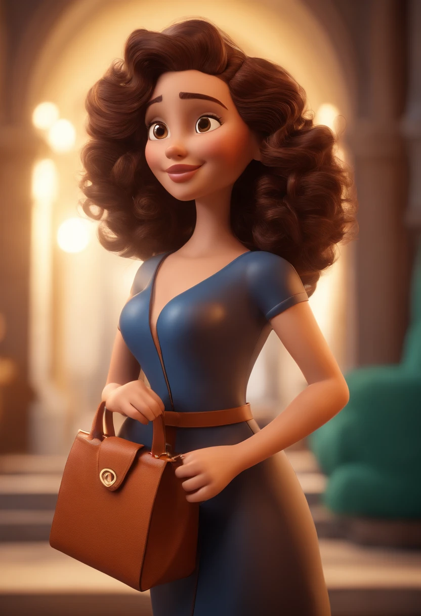 Cartoon character of a woman with curly hair, average size, dark brown color. Dark blue dress. Holding a bag. animation character, stylized character, animation style rendering, 3d stylized, Arnold Maya rendering, Stylized 3D rendering, toon render screenshot, 3d character, 3d character, Stylized 3D rendering, 3D character rendering, cartoon character, Personagem de close up, character posing, (Pixar-style) (master part:1.2) (bokeh) (best qualityer) (skin detailed) (detailed texture) (8K) (Argilla) (cinematic lighting) (sharp focus
