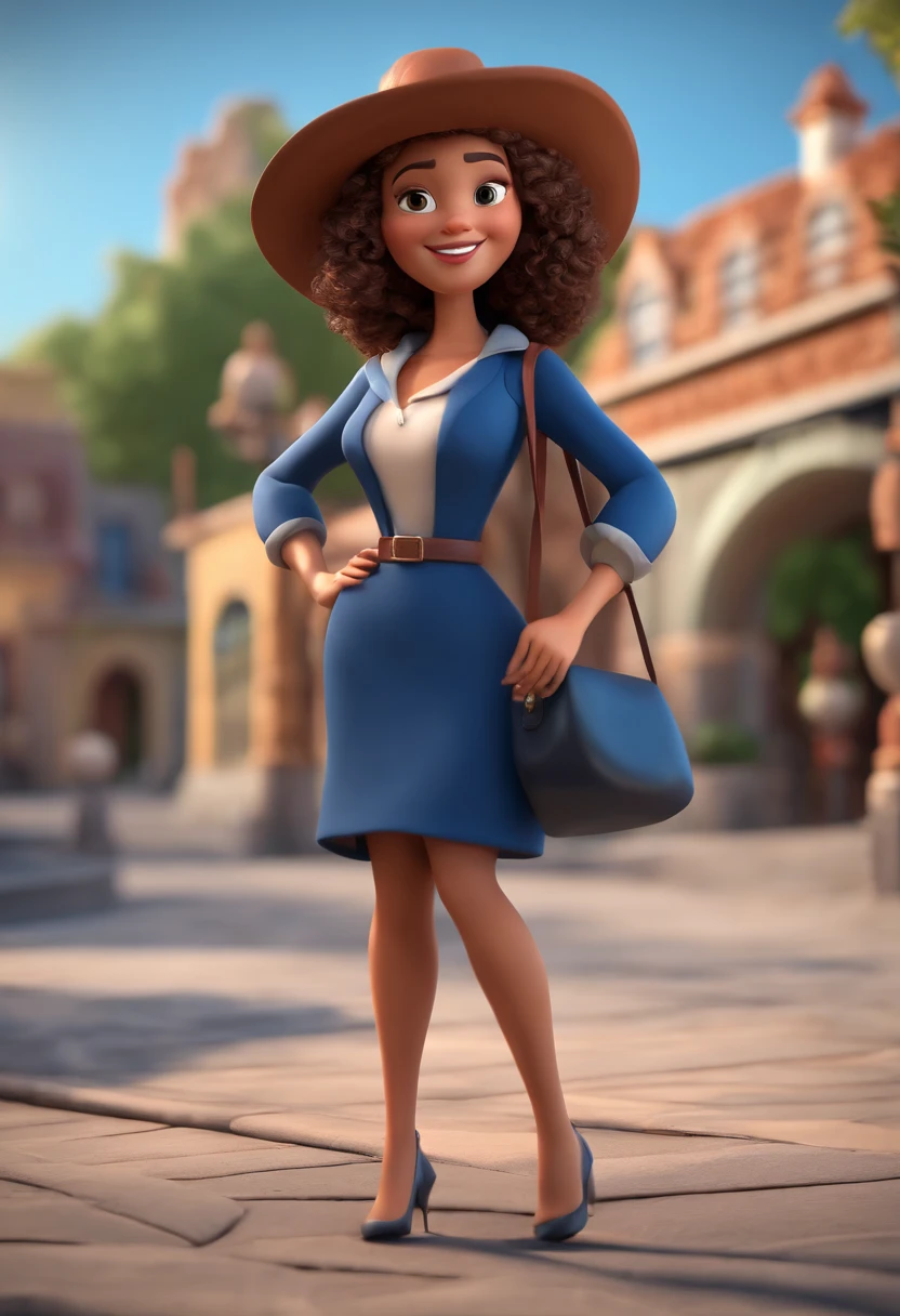 Cartoon character of a woman with curly hair, average size, dark brown color. Dark blue dress. Holding a bag. animation character, stylized character, animation style rendering, 3d stylized, Arnold Maya rendering, Stylized 3D rendering, toon render screenshot, 3d character, 3d character, Stylized 3D rendering, 3D character rendering, cartoon character, Personagem de close up, character posing, (Pixar-style) (master part:1.2) (bokeh) (best qualityer) (skin detailed) (detailed texture) (8K) (Argilla) (cinematic lighting) (sharp focus