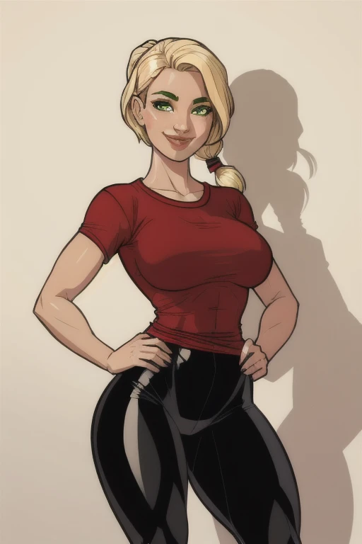 1girl, solo, sexy, 1girl, solo, 36-years-old, tan olive skin, short blonde hair, pony tail style, emerald eyes, ((Wearing a red shirt and glossy black leggings)), hands on hips, she's looking at the camera with a calm smile, (masterpiece), (best quality), (ultra-detailed), (best illustration), (best shadow), (an extremely delicate and beautiful)
