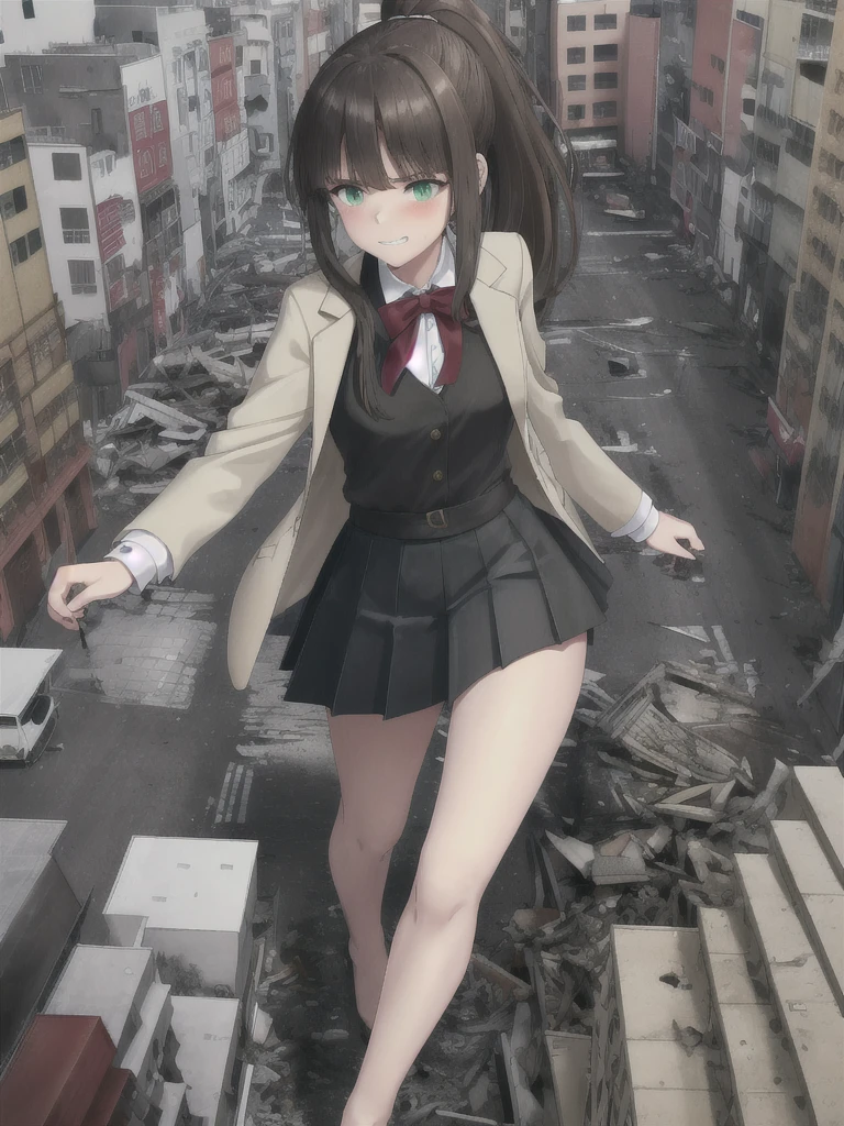 Monica, Bangs, very Long hair, Long hair, Neck strap, Ponytail, shirt, , Hairpin, White bow, Pleated Skirt, Brown hair, Grey jacket, Side lock, Solitary, Blue Skirt, 1 Girl, breast, Casual suits, Green Eyes, medium breast, Long legs,运动鞋
Delicate eyes, Deep eyes, beautiful Green Eyes, glowing Green Eyes, evil, grin, Symmetrical eyes, Sharp eyes, Delicate eyes, Symmetrical face, Perfect Arms, Perfect hands, Perfect face, Perfect legs, whole body, whole body shot, Zoom out, Vision,
blush, Horny, Aroused, Extremely detailed CG unity 8k wallpaper, best quality,32k,Focus,
night, night sky,
 Building Seats, Building seating, Sitting on a building, Looking at the ground:1.5, look down, Micro City, Destroyed buildings, look down at viewer, (Intubation of the trachea:1.2), Ground view, (Ground view:1.2), From below, Low Angle, (violent, destroy:1.2), (Partially occluded:1.2), (In the distance:1.2), destroying buildings, investigation, high resolution, Delicate eyes, Perfect eyes, beautiful eyes, Perfect face, destroy, violent, Huge crater, canyon, ground cracks, earthquake, smokes, fire, Destroyed cities, ruins, rubble, Fragments, Crumbling, Destroyed buildings, Tear down buildings, Collapsed skyscrapers, Crumbling buildings, Building collapse, violent in the city, destroy in the city, Destroyed citiesscape