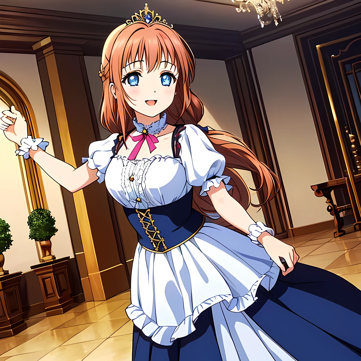 (highest quality, masterpiece:1.2), highest quality, High resolution, 1080P, 8K, Height: 158cm, ((High-definition game CG)), ((Like a beautiful girl dreaming of a game heroine、A very intelligent, very noble, pretty and pure beautiful girl.、With the best smile、Looking at the audience、Hands over their mouths)), A face that everyone loves, Glossy lips, Even bangs, ((Very beautiful blue eyes)), ((Very beautiful and long hair)), (((Very gorgeous dress in a very gorgeous rococo style pink color))), tiara studded with diamonds, So many gemstones, Extremely lustrous, shiny game heroine lips, A girl with her open hand over her open mouth, like a game heroine, Ribbon in hair, Tight waist, slender, The ribbon is big and very pretty., Beautiful hair like a hair model, Long skirt, ((((French palace ballroom))))