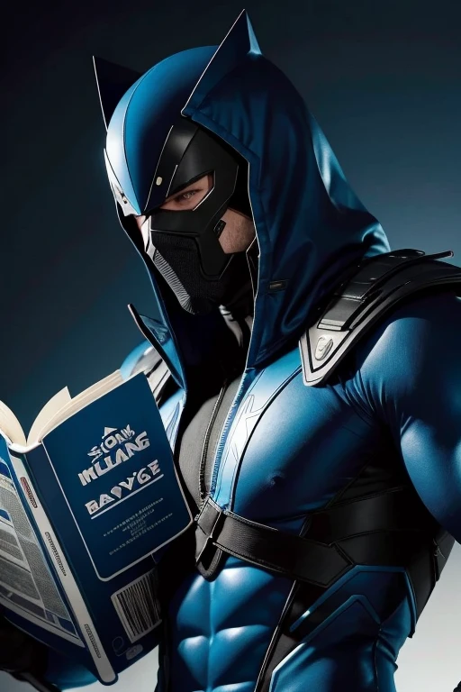 I wish there was a man of 1,90 strong for comics with blue clothes and black details with blue mask and black details for book cover other than in Japanese and without cover