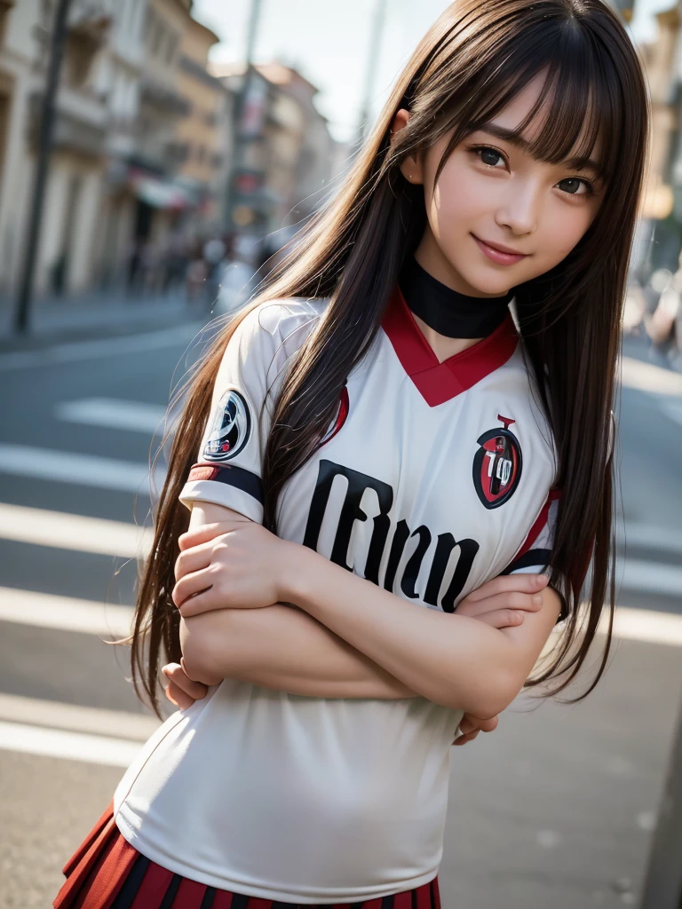 (8K, RAW Photos, Highest quality, masterpiece:1.2), (Realistic, photo-Realistic:1.4), (Highly detailed 8K wallpapers), ((Full Body Shot)), (1 girl), Sharp focus, Depth of written boundary, Cinematic lighting, Soft Light, 緻密な美しさのeye, eye_Chan, Very beautiful 17 year old girl, innocent big eyes, Realistic, photo Realistic, Highly detailed cute girl, (Thin thighs), (Model Body Type), (((AC Milan soccer jersey))), ((Micro Mini Pleated Skirt)), (((Fold your arms in front of your chest and act arrogantly))), ((A happy smile)), Parted lips, Watching the audience, (On the streets of Milan) , (Brown Hair),(Long Bob Hair), (Asymmetrical bangs)