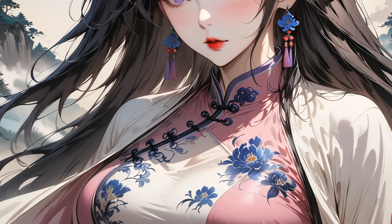 (Masterpiece, Best Quality: 1.3), 1girl, (Conservatively Dressed: 1.8), pink-purple cheongsam, pink-purple qipao, (: 1.0), Cold Eyes, Gorgeous Accessories, Fluttering Cloak, very aesthetic, national painting, Clothing ink painting style, medium shot, bangs, high detail, Masterpiece, super detail, best quality