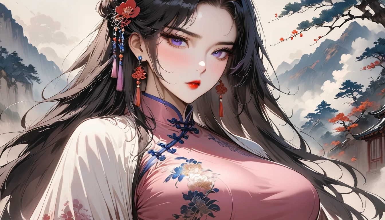 (Masterpiece, Best Quality: 1.3), 1girl, (Conservatively Dressed: 1.8), pink-purple cheongsam, pink-purple qipao, (Mature: 1.0), Cold Eyes, Gorgeous Accessories, Fluttering Cloak, very aesthetic, national painting, Clothing ink painting style, medium shot, bangs, high detail, Masterpiece, super detail, best quality