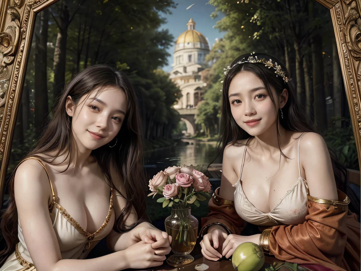 Giorgione painting style,Arguments of two female Philosophe,math、astronomical machine、astronaut、roses in vase、fruits、Cute trinkets、smile、ancient greek costume、Background is a forest lake at night 、Clothes that stretch your shoulders、A big smile、beautiful bare skin、A detailed representation of the seducing woman throughout her body.y,eroile