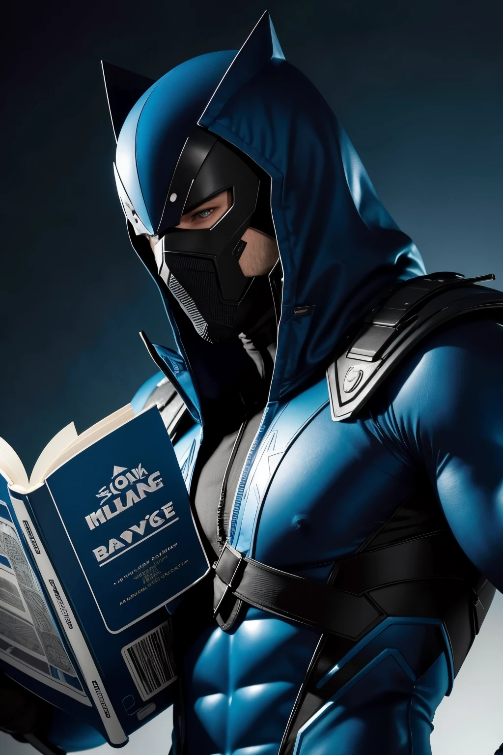 I wish there was a man of 1,90 strong for comics with blue clothes and black details with blue mask and black details for book cover other than in Japanese and without cover