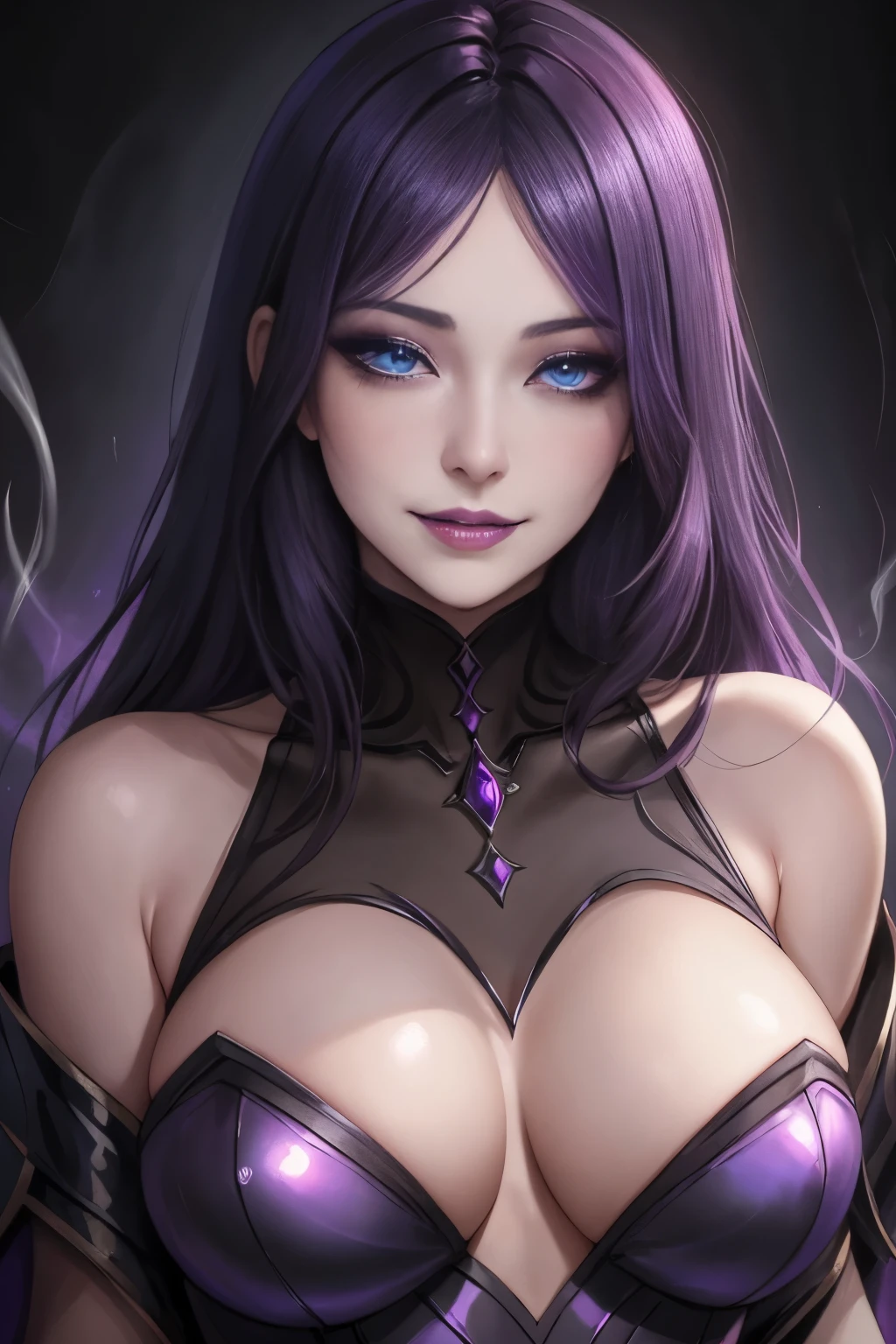 強力なスーパーevil女がクローズアップでポーズをとる, Black Goddess (Bare shoulders), length, Flowing purple hair, View your viewers, Highly detailed face, Perfect hands, Blue smoke swirling around her, evil事を愛する, Captivating blue eyes, Dark fantasy,  ， realistic girl rendering, 8k artistic german bokeh, Enchanting girl, Real Girls, Gurwitz, Gurwitz-style artwork, Girl Roleplay, Realistic 3D style, cgstation Popular Topics,, 8K Portrait Rendering,（truth，truth：1.4）、Genuine, Symmetric, High detail, Esoteric arachnids lady, Spider Queen Elise, League of Legends, Esoteric arachnids, Combat Stance, ( The body is made with liquid metallic paints in metallic mauve and metallic black...、It beautifully depicts the female form...。), length, Sharp Fangs, nature, ((Complex metallic colors in the foreground)), (( Fluid Mechanics, The most beautiful smooth scale face makeup, Smirking expression)) - Dark blood, Onyxia、Noir painting of a beautiful young witch, length purple hair, dark purple lips, evil, evil女, smile, Black Prom Dress, She is coming to you, close, Bright Blue Eyes, Surrounded by swirling pink smoke, Genuine, High detail, Highest quality