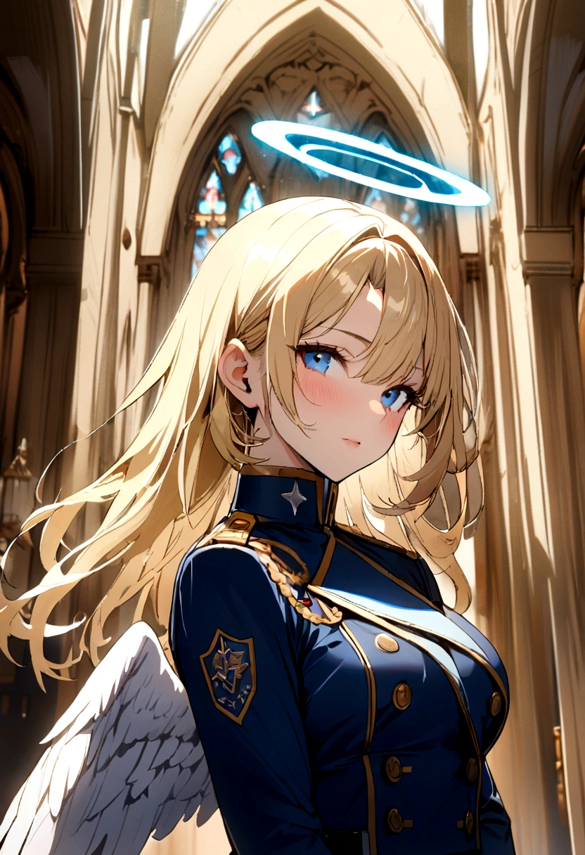 1girl, blue military uniform, blond hair, church background, angel halo, 