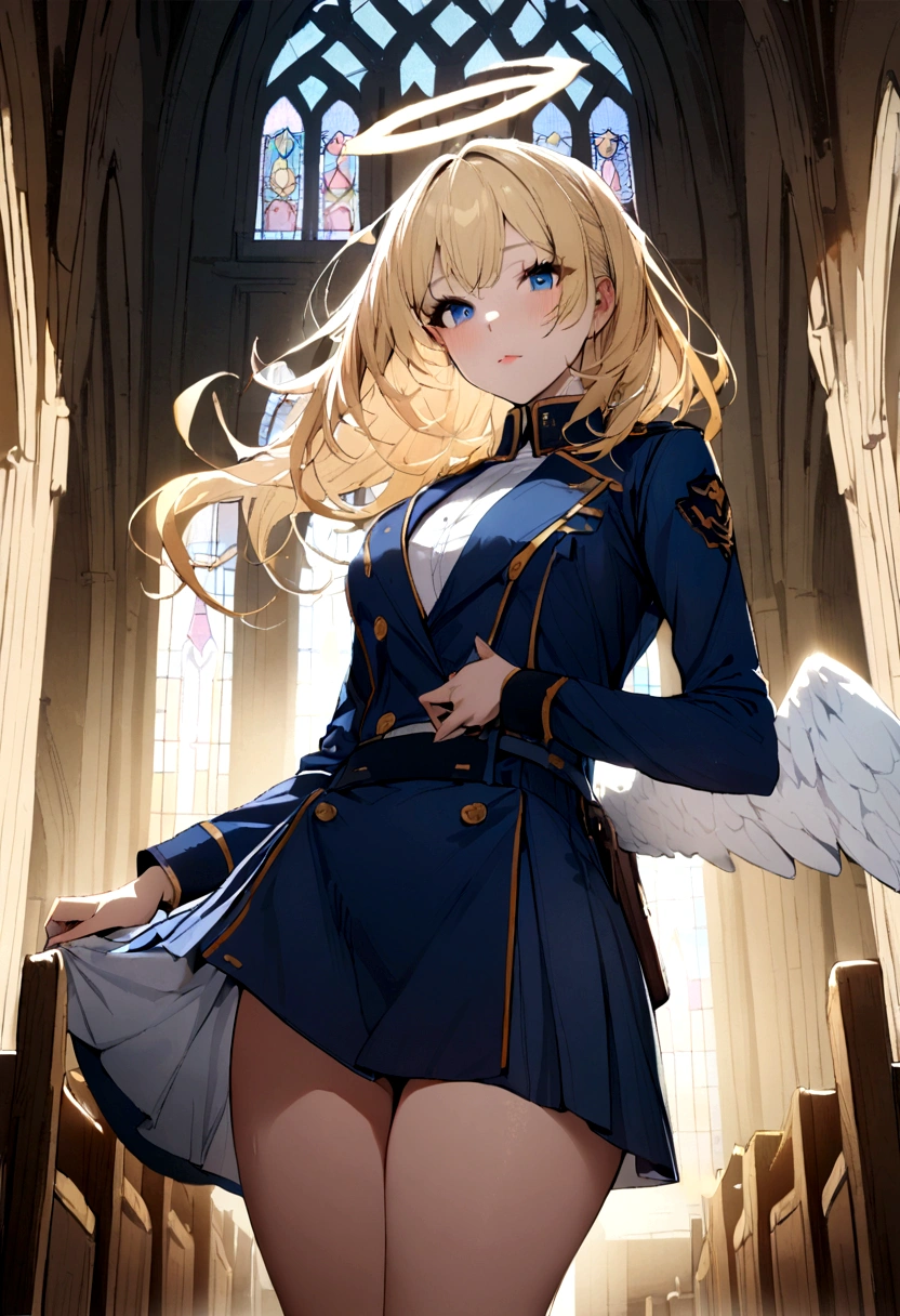 1girl, blue military uniform, blond hair, church background, angel halo,