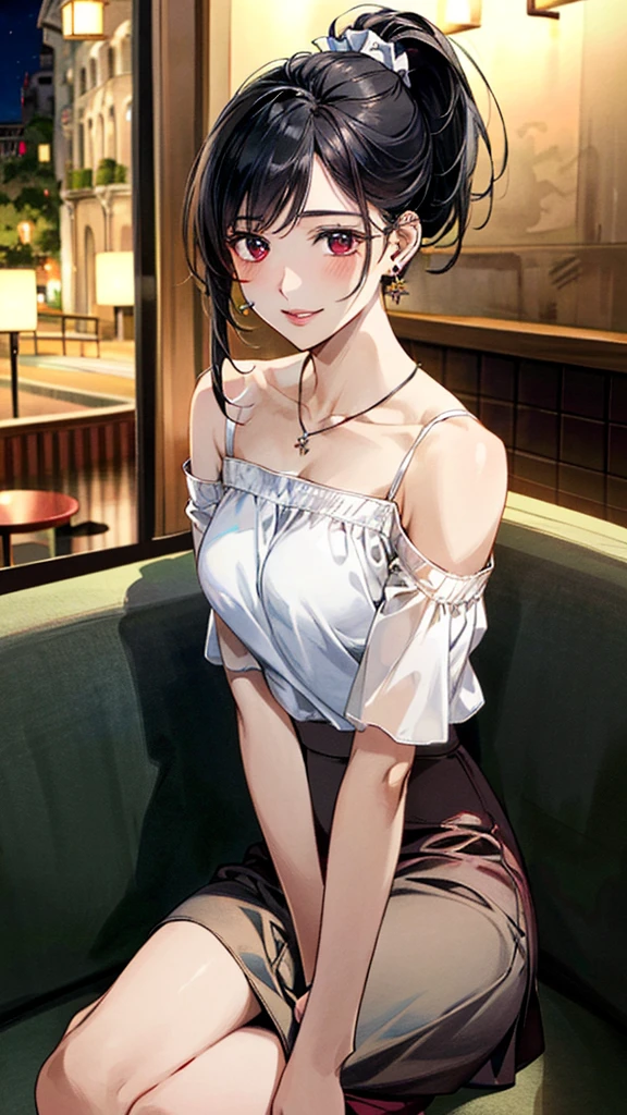 (masterpiece:1.3, Highest quality, Ultra-high resolution, Super detailed), (Realistic, photoRealistic:1.4), Beautiful illustrations, Perfect lighting, colorful, Depth of written boundary,
Beautiful detailed hair, Beautifully detailed face, Beautiful fine details, Beautiful clavicle, Beautiful body, 美しいLarge Breasts, Beautiful thighs, Beautiful feet, Beautiful fingers,
View Viewer、Front view:0.6, Beauty1人, Japanese, Beauty、30 years old, Perfect Face, (Perfect Anatomy, Anatomically correct), Cute and symmetrical face, Baby Face, , Shiny skin,
(burgundy cold shoulder blouse:1.4),((Long skirt:1.5)), (pumps:1.2)
(Black Hair, ponytail:1.4), braided bangs、Dark brown eyes, (Large Breasts), Slim body,
necklace, (Small earrings:1.3),
(Beautiful views), (night), (Cafe), Sitting on the couch、 ( Crossing your legs), A soft smile、(Smile, Lips parted),