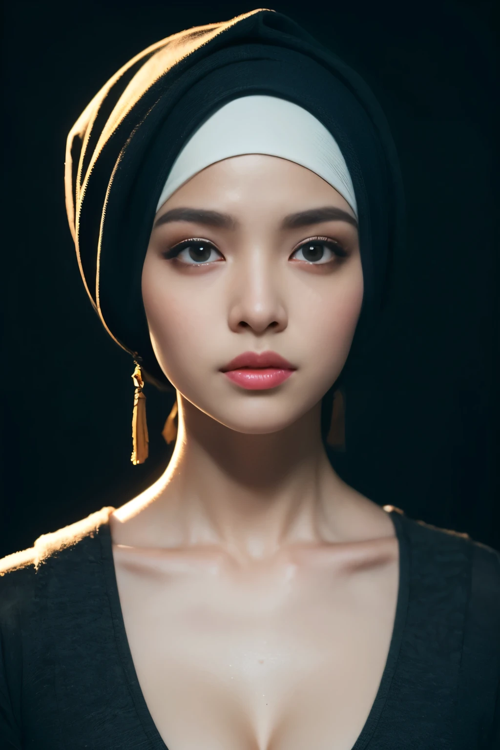 boyshort, cyberpunk, javanese, (((hijabi))), cleavage, reflection light, chiaroscuro, depth of field, cinematic lighting, ray tracing, Sony FE GM, UHD, super detail, masterpiece, textured skin, high details, best quality, award winning,3D,hdr(HighDynamicRange),Ray tracing,NVIDIA RTX,Hyper-Resolution,Unreal 5,Subsurface scattering、PBR Texture、post-proces、Anisotropy Filtering、depth of fieldaximum definition and sharpnesany-Layer Textures、Albedo e mapas Speculares、Surface coloring、Accurate simulation octane rendering of light-material interactions、Two-colored light、largeaperture、Low ISO、White balance、the rule of thirds、8K raw data